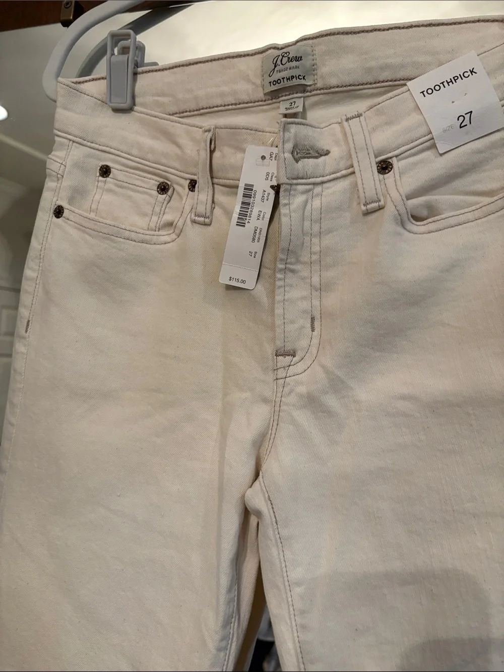 J Crew Ecru Colored Women’s Jean.  Beautiful taupe stitching.